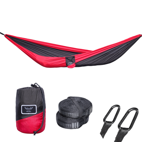 Hamac hikerjoy roșu cu negru, set complet cu săculeț, chingi și carabiniere