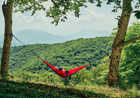 Hamac hikerjoy roșu cu negru montat între doi copaci, peisaj montan