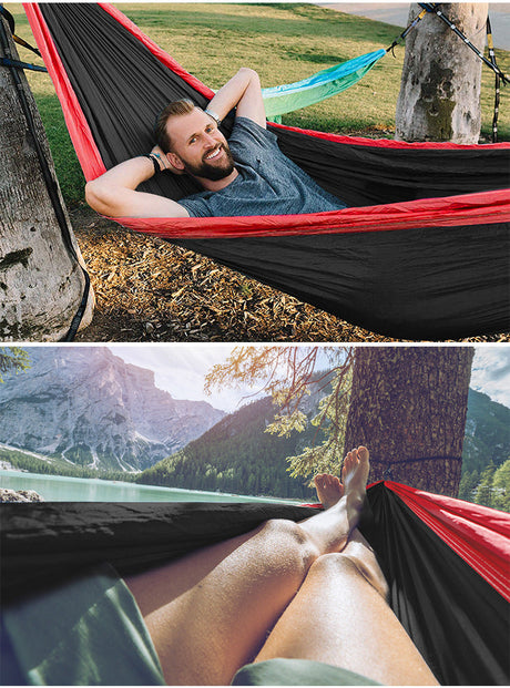 Hamac hikerjoy roșu cu negru, confortabil pentru 1-2 persoane