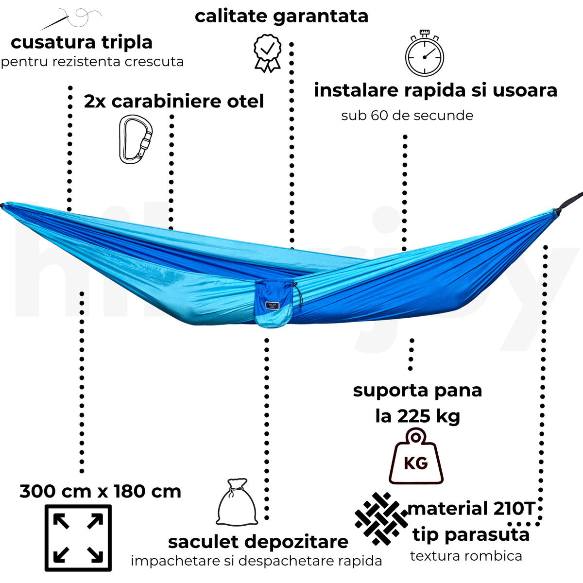 Caracteristici hamac hikerjoy albastru cer: 300 × 180 cm, suportă 225 kg, nylon parașută 210T