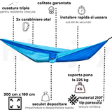 Caracteristici hamac hikerjoy albastru cer: 300 × 180 cm, suportă 225 kg, nylon parașută 210T