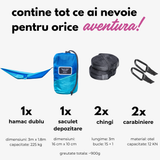 Conținut pachet hamac hikerjoy albastru cer: hamac dublu 300 × 180 cm, săculeț, 2 chingi și 2 carabiniere