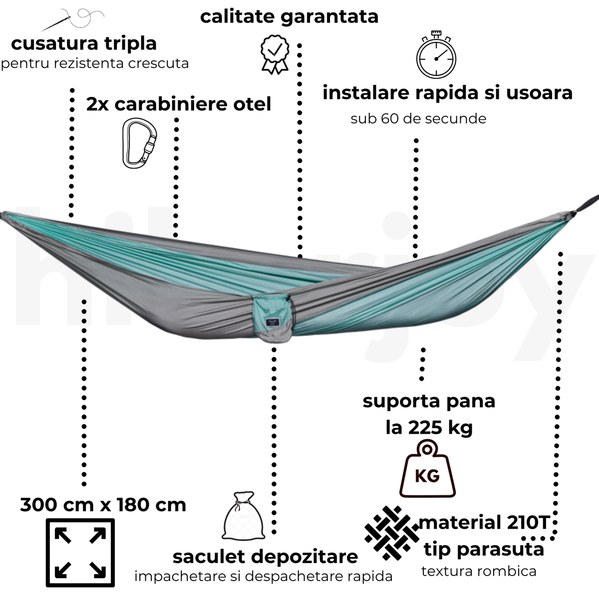 Caracteristici hamac hikerjoy albastru ghețar: 300 × 180 cm, suportă 225 kg, nylon parașută 210T