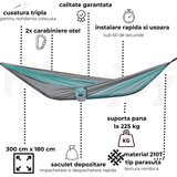 Caracteristici hamac hikerjoy albastru ghețar: 300 × 180 cm, suportă 225 kg, nylon parașută 210T