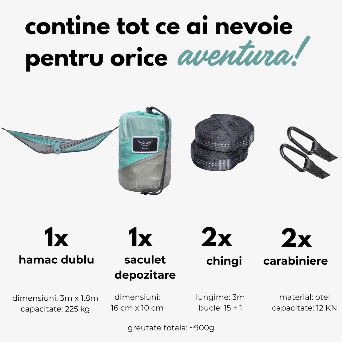 Conținut pachet hamac hikerjoy albastru ghețar: hamac dublu 300 × 180 cm, săculeț, 2 chingi și 2 carabiniere
