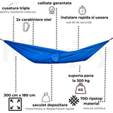 Caracteristici hamac hikerjoy PRO albastru regal: 300 × 180 cm, suportă 300 kg, ripstop 70D