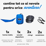 Conținut pachet hamac hikerjoy PRO albastru regal: hamac dublu 300 × 180 cm, săculeț, 2 chingi și 2 carabiniere