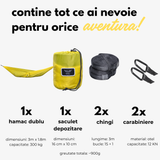 Conținut pachet hamac hikerjoy PRO galben soare: hamac dublu 300 × 180 cm, săculeț, 2 chingi și 2 carabiniere