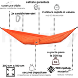 Caracteristici hamac hikerjoy PRO portocaliu apus: 300 × 180 cm, suportă 300 kg, ripstop 70D