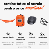 Conținut pachet hamac hikerjoy PRO portocaliu apus: hamac dublu 300 × 180 cm, săculeț, 2 chingi și 2 carabiniere