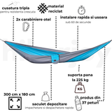 Caracteristici hamac reciclat hikerjoy albastru cu gri: 300 × 180 cm, suportă 225 kg, material reciclat din 37 de PET-uri
