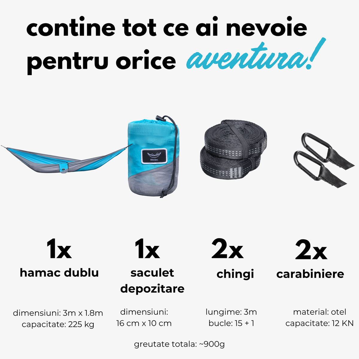 Conținut pachet hamac reciclat hikerjoy albastru cu gri: hamac dublu 300 × 180 cm, săculeț, 2 chingi și 2 carabiniere