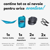 Conținut pachet hamac hikerjoy turcoaz: hamac dublu 300 × 180 cm, săculeț, 2 chingi și 2 carabiniere