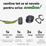 Conținut pachet hamac hikerjoy ultra light olive cu accesorii incluse