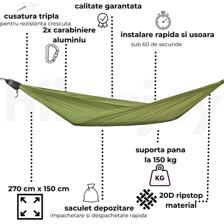 Specificații tehnice hamac hikerjoy ultra light olive, 350g și capacitate 150 kg