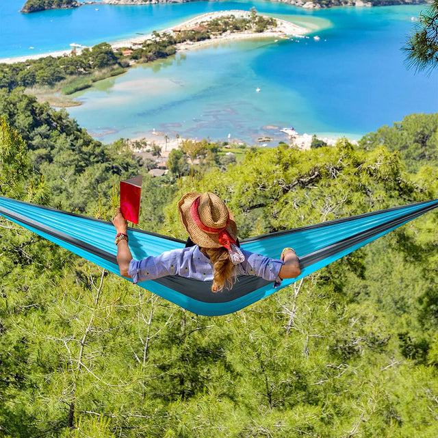 Hamac hikerjoy reciclat din rPET, albastru cu gri, capacitate 225 kg pentru camping ecologic
