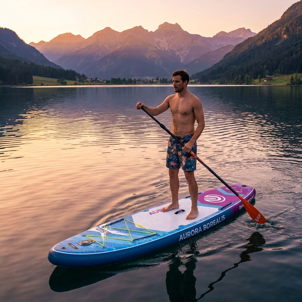 Bărbat pe placa SUP Aurora Borealis albastru-mov, pe lac montan la apus