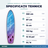 Specificații placă SUP Aurora Borealis albastru-mov: 350 x 87 x 15 cm, capacitate 193 kg, presiune 12–15 psi, 13 inele-D, 6 mânere