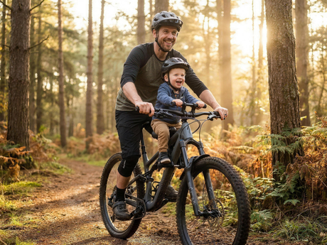 Tată și copil pe bicicletă MTB cu scaun frontal pentru copii montat pe cadru, pe traseu forestier