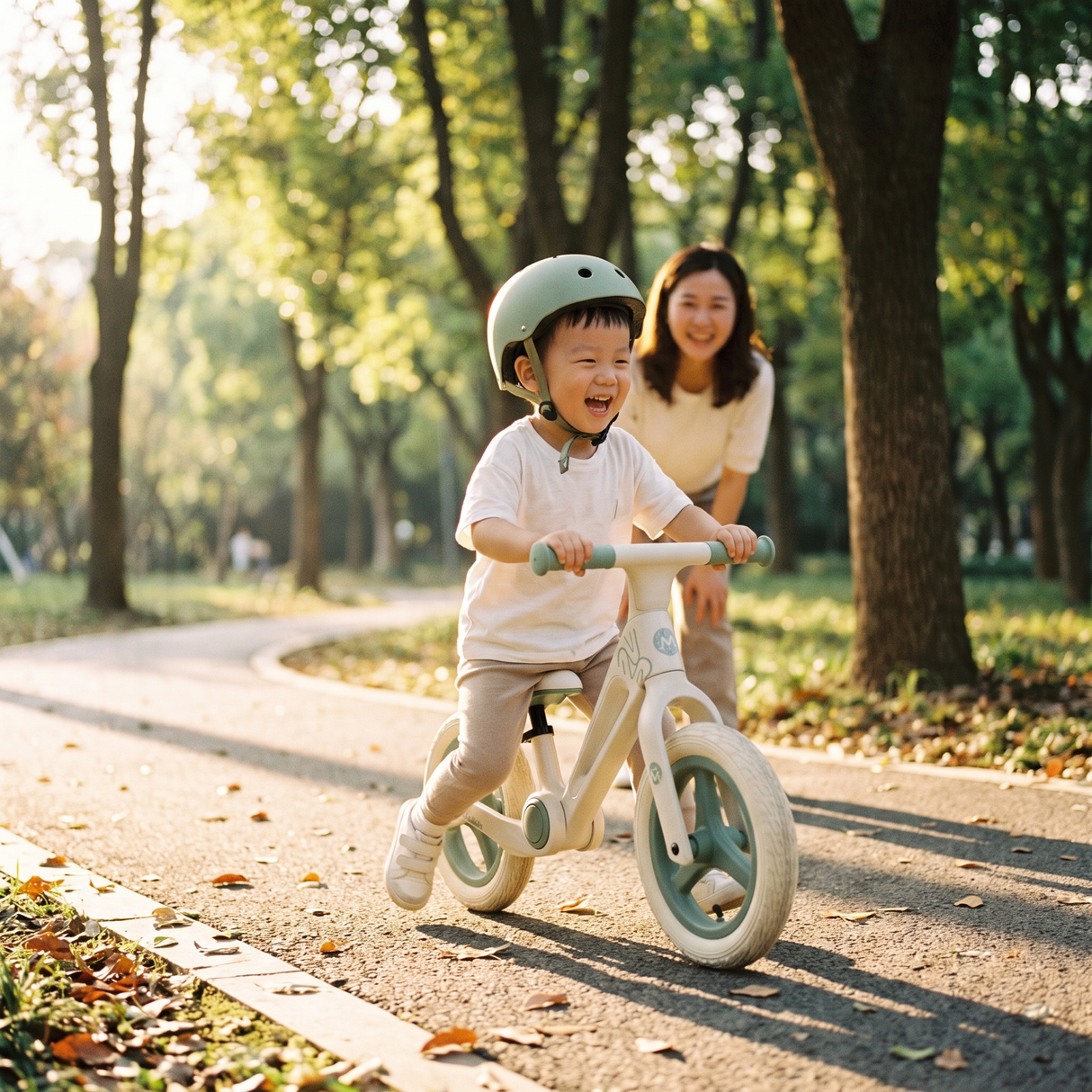 Copil pe bicicleta fără pedale verde matcha pe o alee în parc