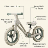 Caracteristici bicicletă fără pedale pliabilă: pliere cu un click, șa reglabilă 38–43 cm, roți spumă PU