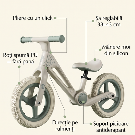 Caracteristici bicicletă fără pedale pliabilă: pliere cu un click, șa reglabilă 38–43 cm, roți spumă PU