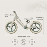 Dimensiuni bicicletă fără pedale: lungime 88 cm, ghidon 56 cm, șa reglabilă 38–43 cm