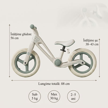 Dimensiuni bicicletă fără pedale: lungime 88 cm, ghidon 56 cm, șa reglabilă 38–43 cm