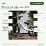 Infografic bicicletă fără pedale alb perlat: cadru ultraușor, șa reglabilă 31–42 cm, roți EVA, 2–7 ani, max. 50 kg