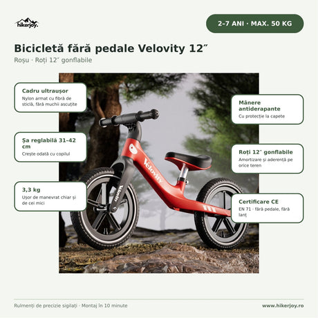 Infografic bicicletă fără pedale roșie cu roți gonflabile: șa reglabilă 31–42 cm, 2–5 ani, max. 50 kg