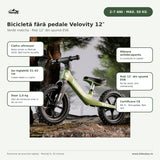Infografic bicicletă fără pedale verde matcha: cadru ultraușor, șa reglabilă 31–42 cm, roți EVA, 2–7 ani, max. 50 kg
