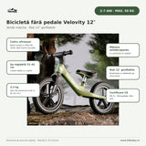 Infografic bicicletă fără pedale verde matcha cu roți gonflabile: șa reglabilă 31–42 cm, 2–7 ani, max. 50 kg