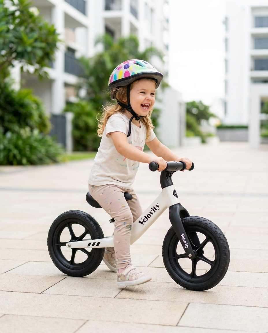Fetiță pe bicicletă fără pedale albă Velovity, pe o alee pavată
