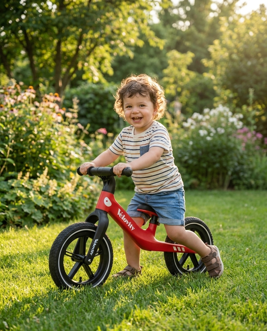Copil zâmbind pe bicicleta fără pedale roșie Velovity, în grădină
