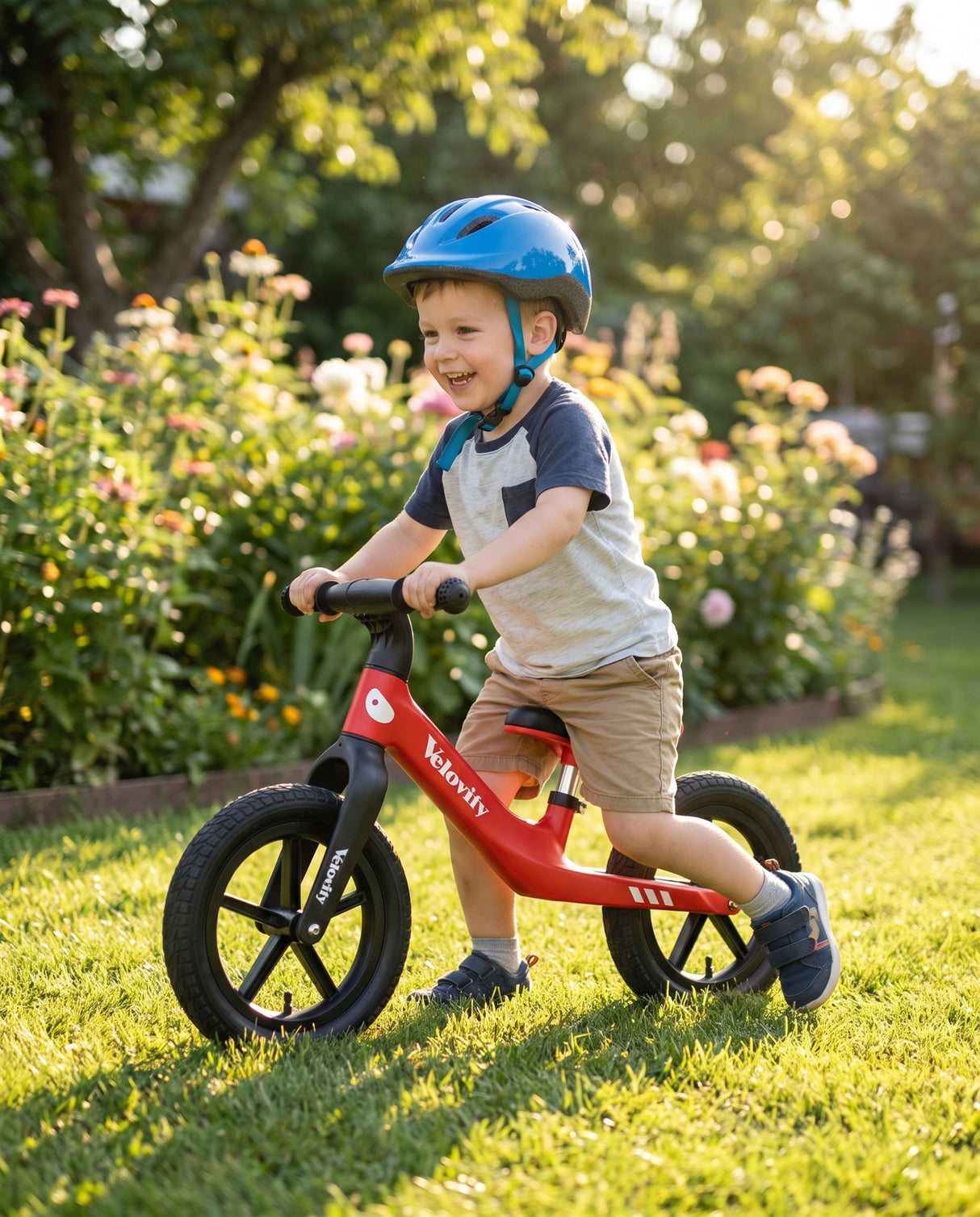 Băiețel cu cască pe bicicleta fără pedale roșie Velovity, în curte însorită