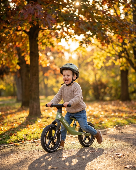 Copil fericit pe bicicleta fără pedale Velovity verde matcha, în parc toamna