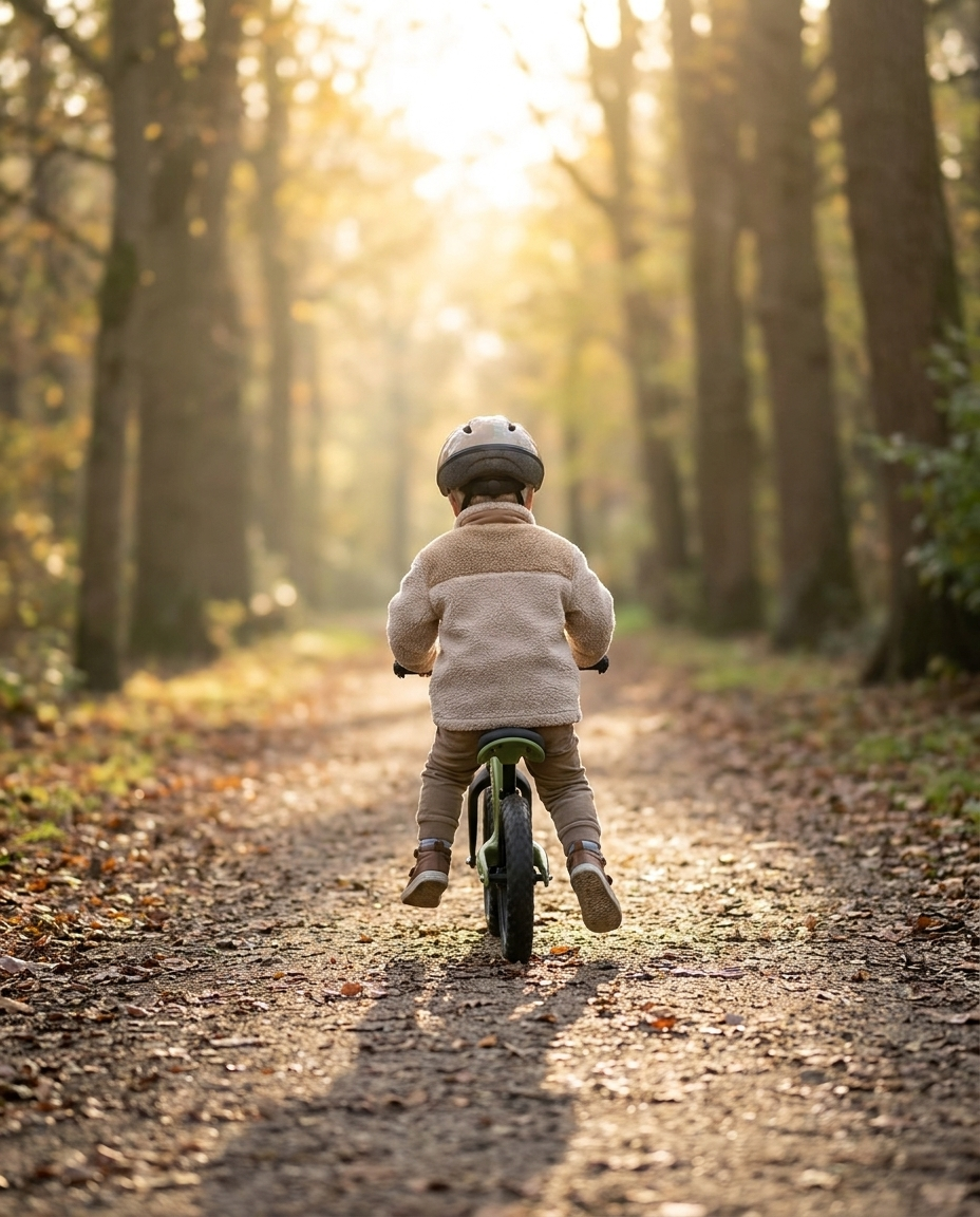 Copil învață echilibrul pe bicicleta fără pedale verde matcha, pe o potecă din parc