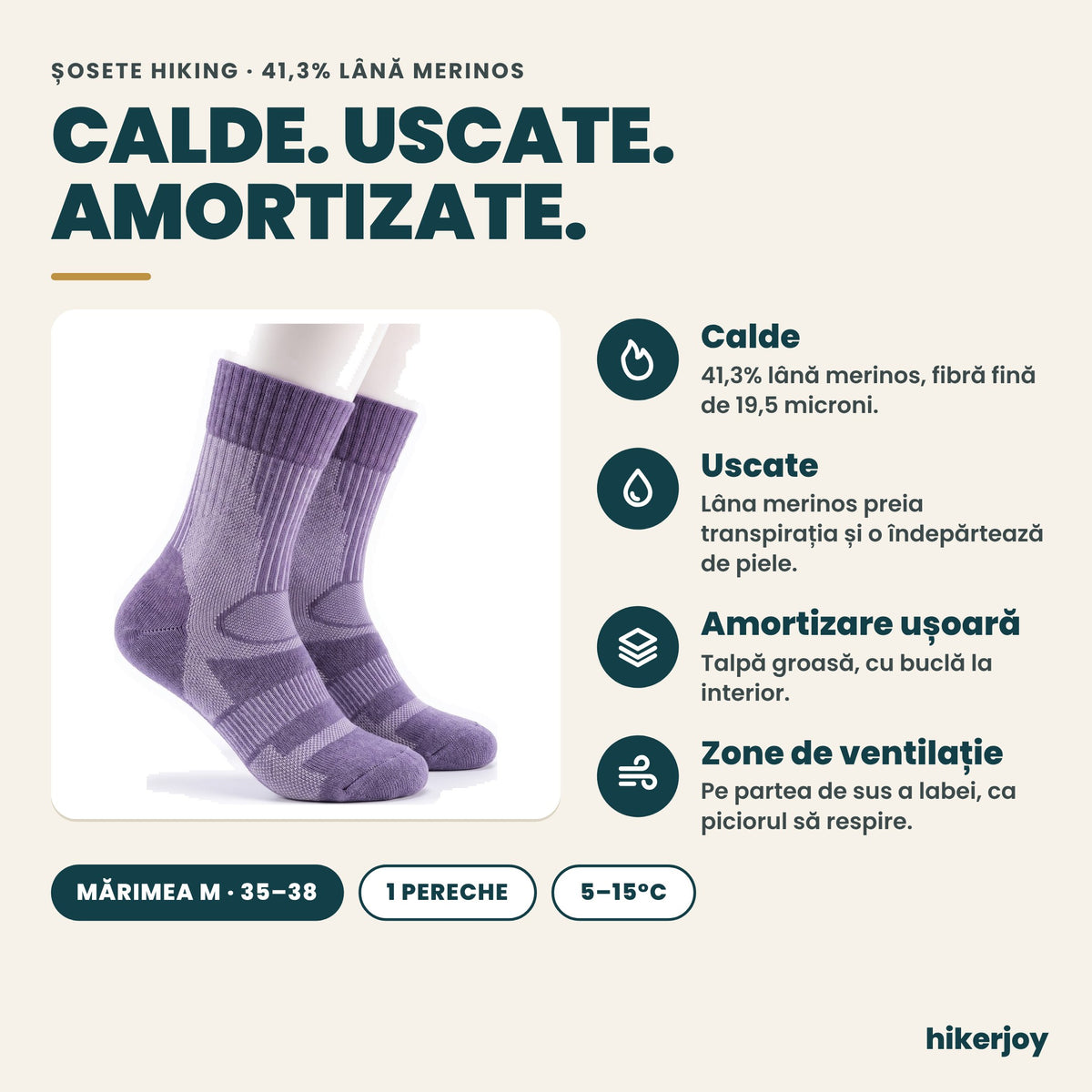 Beneficii șosete hiking cu 41,3% lână merinos: calde, uscate, cu amortizare ușoară și zone de ventilație