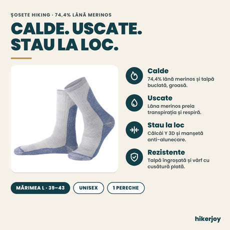 Beneficii șosete hiking merino: calde, uscate, stau la loc, cu călcâi Y 3D și talpă buclată