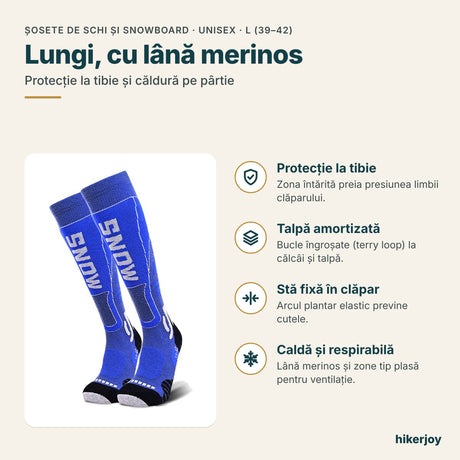 Infografic șosete de schi hikerjoy SNOW albastre: protecție la tibie, talpă amortizată, stau fixe în clăpar, lână merinos