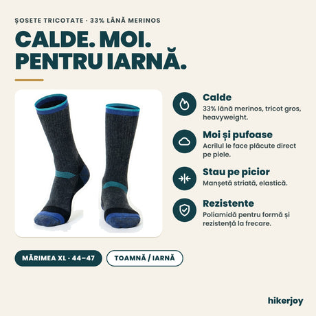 Beneficii șosete tricotate cu 33% lână merinos: calde, moi, stau pe picior, rezistente