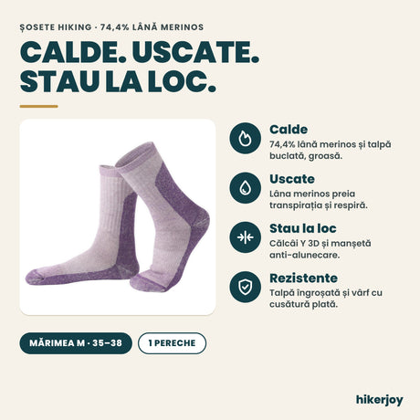 Beneficii șosete hikerjoy cu 74,4% lână merinos: calde, uscate, stau la loc, rezistente