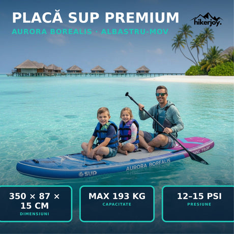 Placă SUP gonflabilă premium Aurora Borealis albastru-mov 350×87×15 cm, capacitate maximă 193 kg, presiune 12–15 PSI
