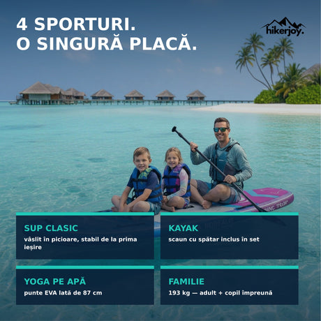 Utilizări placă SUP Aurora Borealis albastru-mov: SUP clasic, kayak cu scaun inclus, yoga pe apă, ieșiri în familie