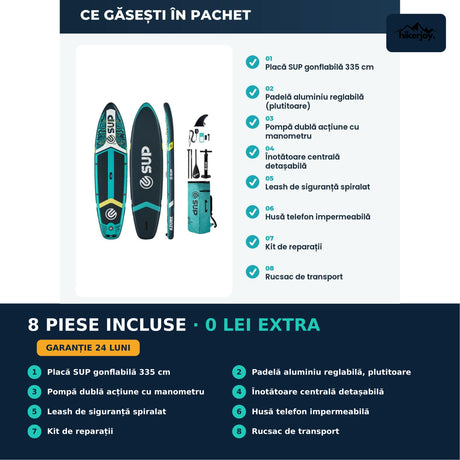 Set complet placă SUP Azure: 8 piese incluse — padelă, pompă cu manometru, leash, husă telefon impermeabilă, rucsac
