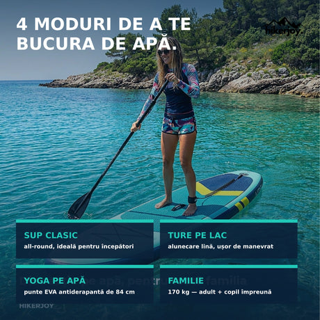 Utilizări placă SUP Azure: SUP clasic, ture pe lac, yoga pe apă, familie — capacitate 170 kg