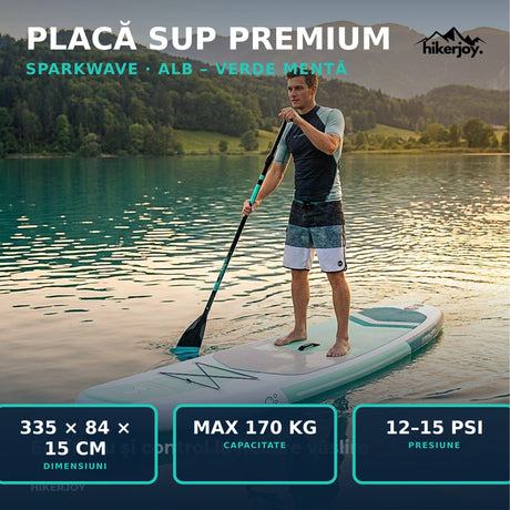 Placă SUP gonflabilă premium Sparkwave 335×84×15 cm, capacitate maximă 170 kg, presiune 12–15 PSI