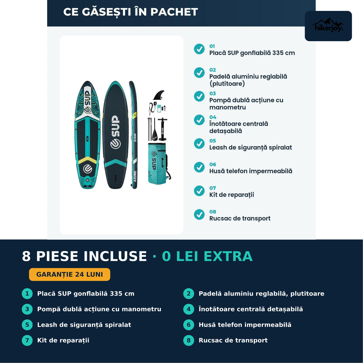 Set complet placă SUP Sparkwave: 8 piese incluse — padelă, pompă cu manometru, leash, husă telefon impermeabilă, rucsac