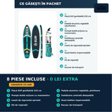 Set complet placă SUP Sparkwave: 8 piese incluse — padelă, pompă cu manometru, leash, husă telefon impermeabilă, rucsac