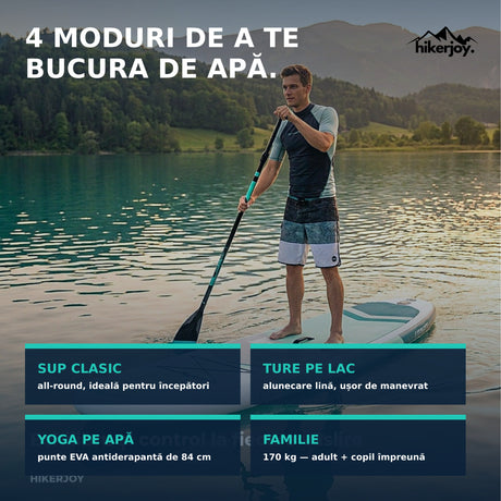Utilizări placă SUP Sparkwave: SUP clasic, ture pe lac, yoga pe apă, familie — capacitate 170 kg